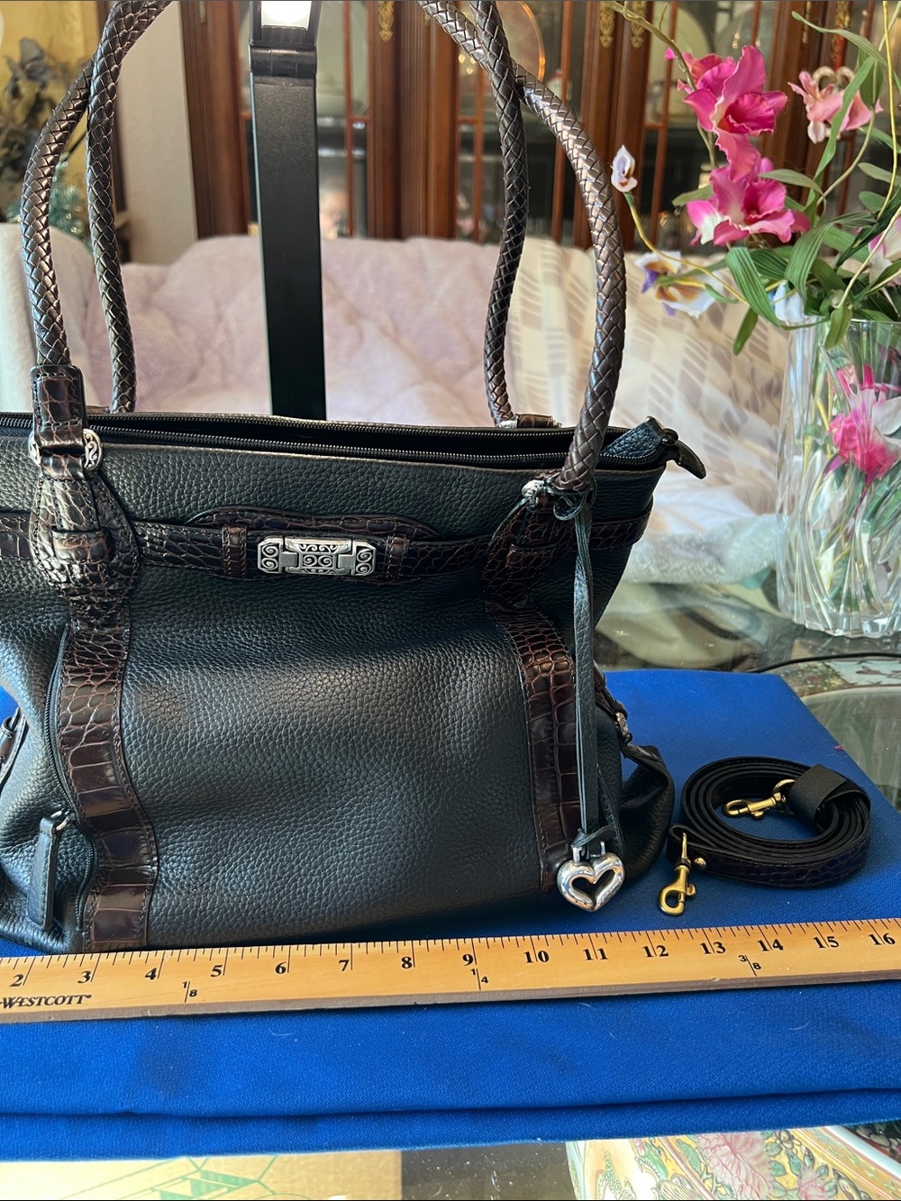 Brighton Black Leather Shoulder Bag with Brown Croc-Trim and Heart Charm